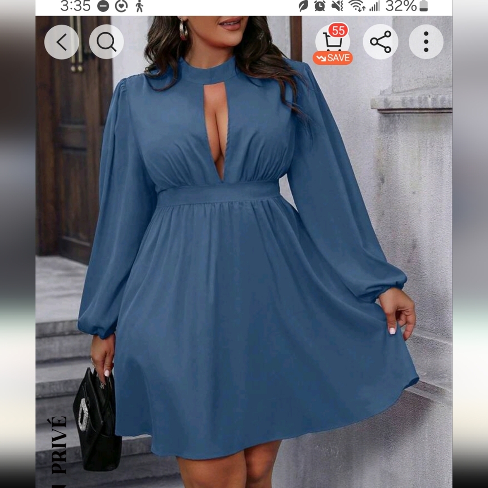 Plus Size Women's Solid Blue Stand Collar keyhole Hollow Out Dress